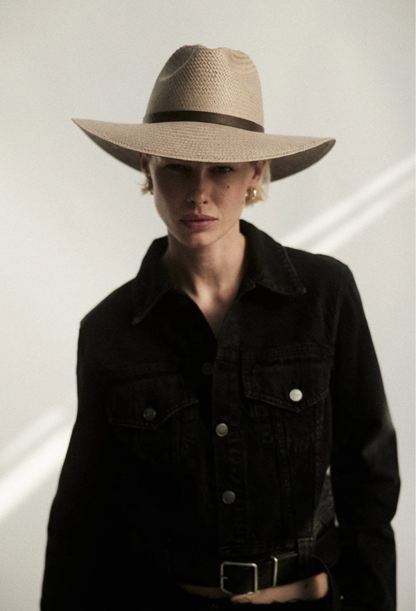 Person wearing a wide-brimmed hat and black jacket against a neutral background