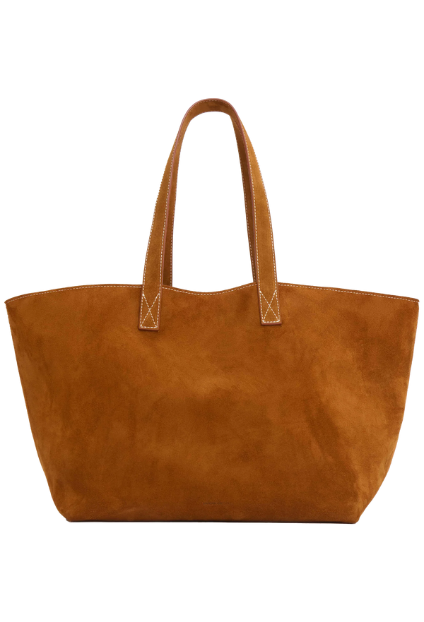 oversized brown suede tote bag with shoulder handles.