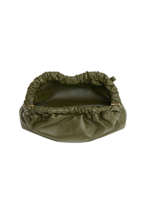 a green leather clutch bag. transparent background.