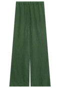Green drawstring linen pants on a white background