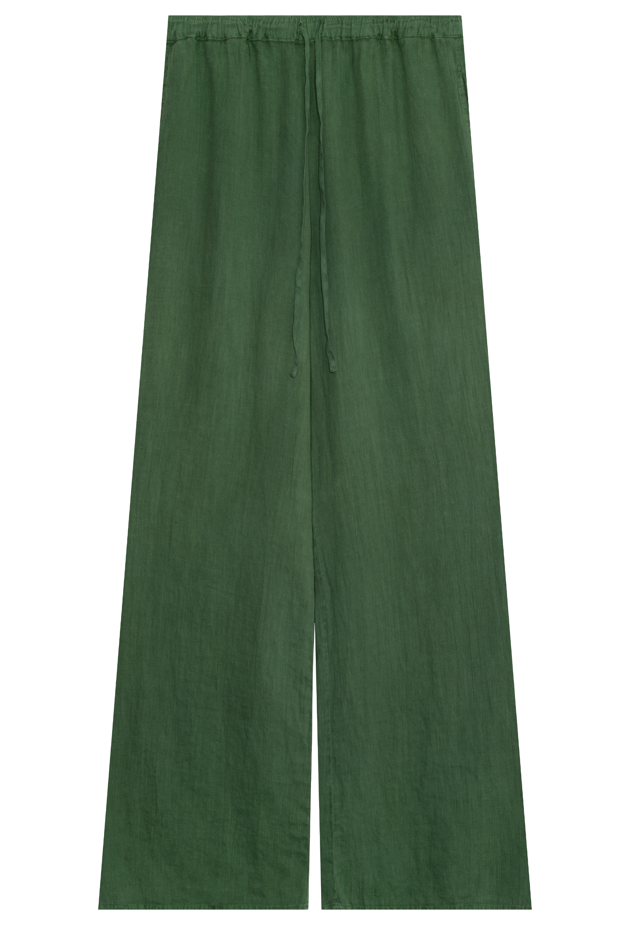 Green drawstring linen pants on a white background