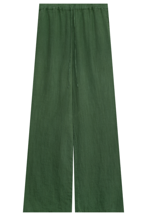 Green drawstring linen pants on a white background