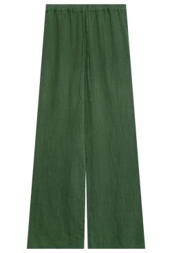 Green drawstring linen pants on a white background