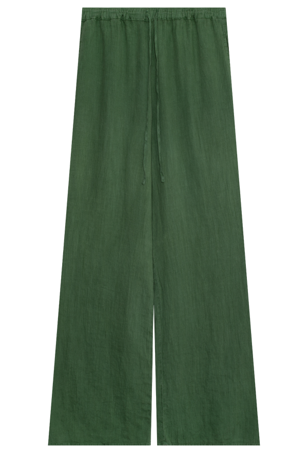 Green drawstring linen pants on a white background