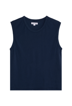 a navy blue muscle tee. transparent background