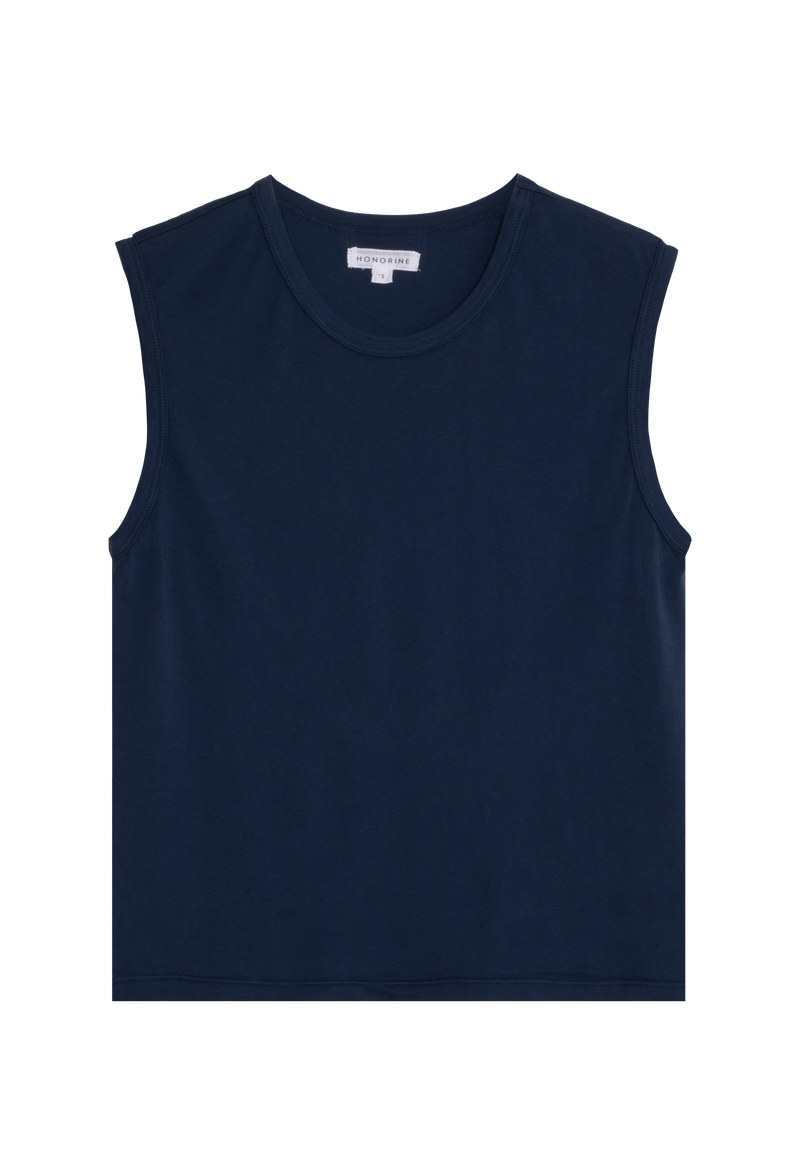a navy blue muscle tee. transparent background