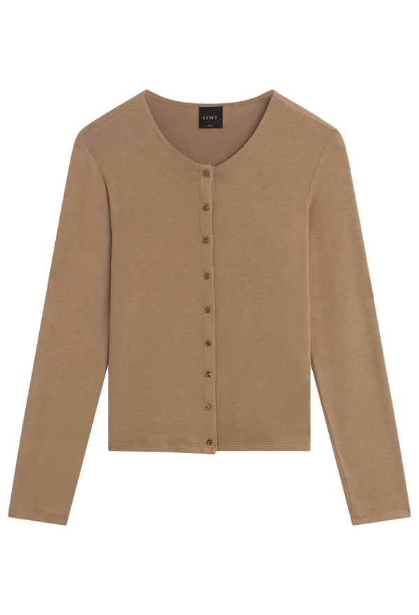 Brown cardigan with buttons on a white background