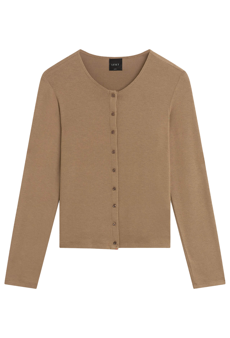 Brown cardigan with buttons on a white background