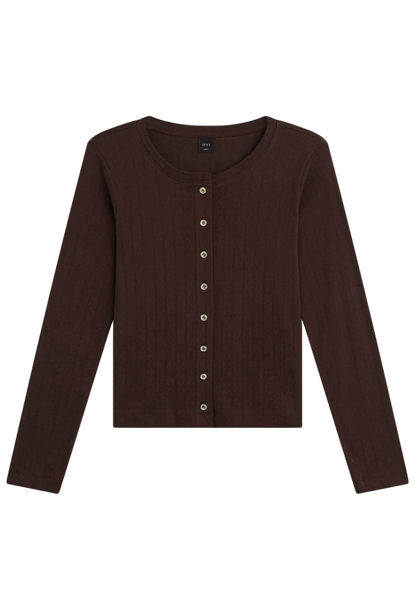 Brown cardigan with buttons on a white background