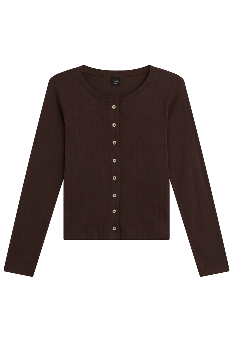 Brown cardigan with buttons on a white background