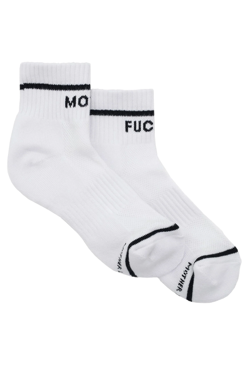 White socks with black MOTHER FUCKER text on a white background