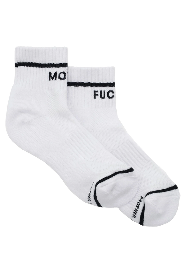 White socks with black MOTHER FUCKER text on a white background