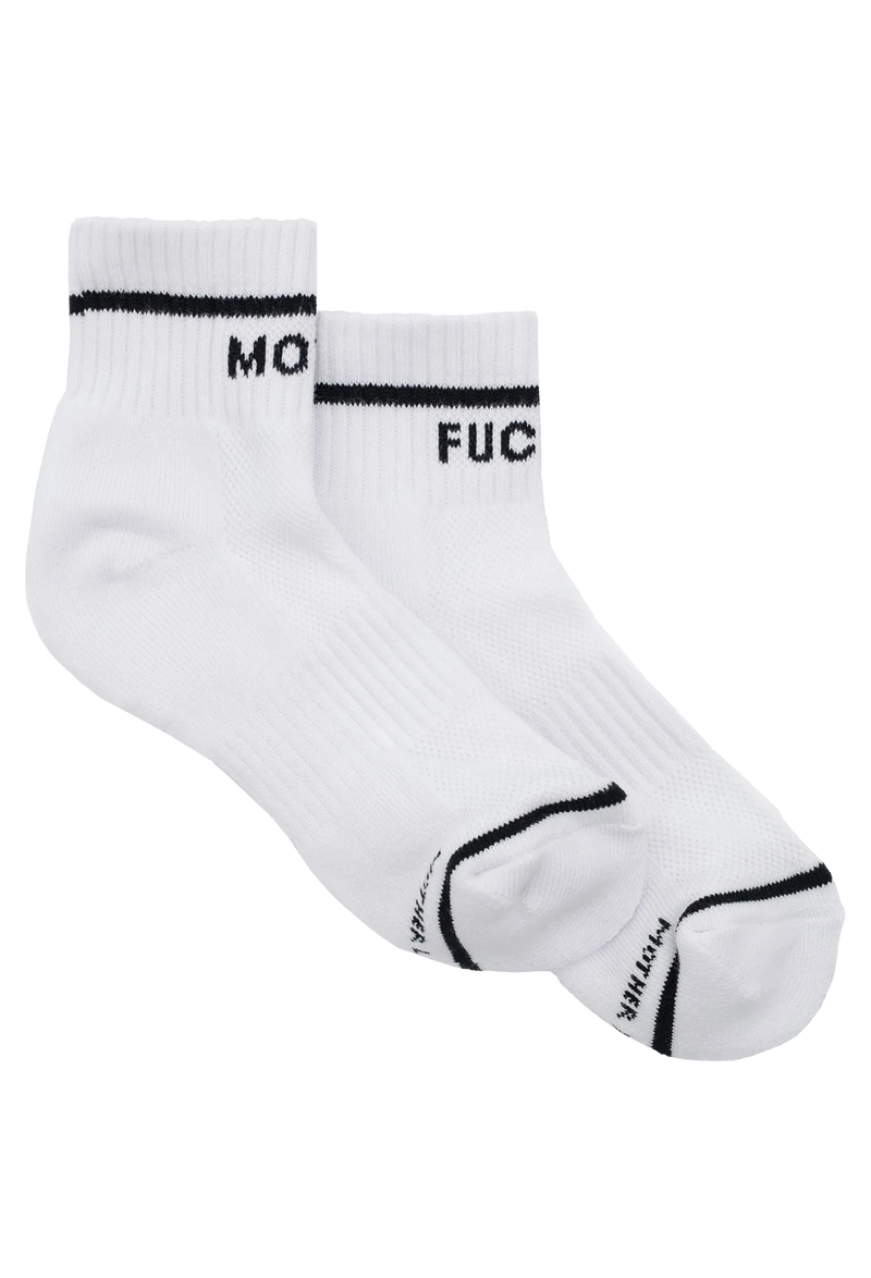 White socks with black MOTHER FUCKER text on a white background