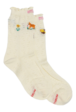 Pair of cream socks with colorful embroidered designs on a white background