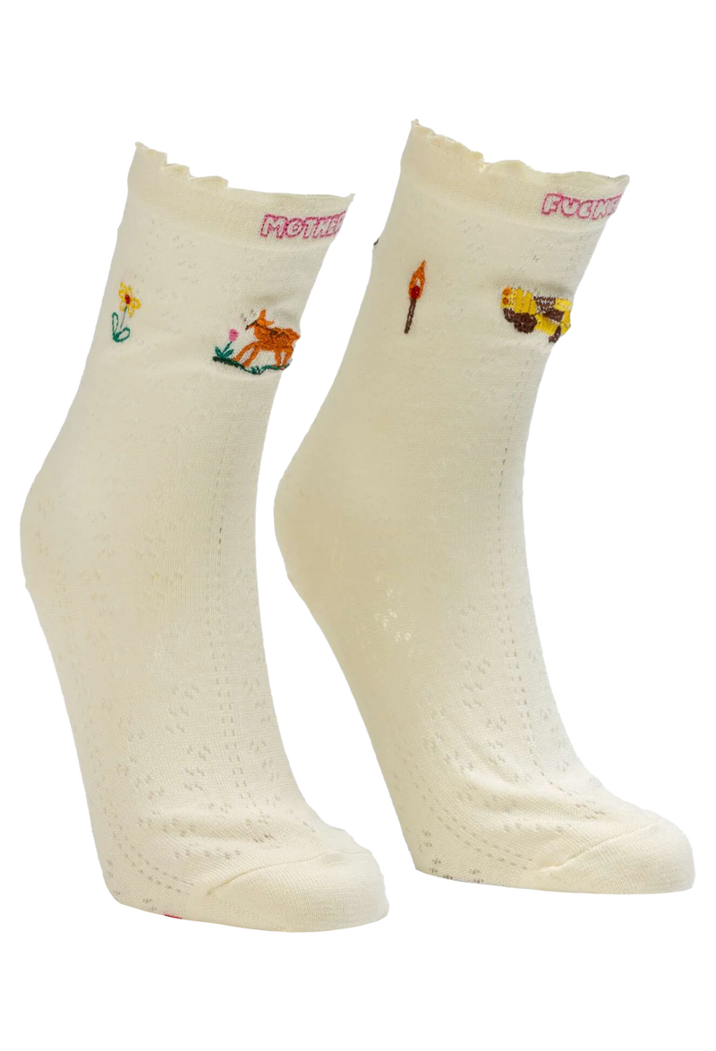 Pair of cream socks with colorful embroidered designs on a white background