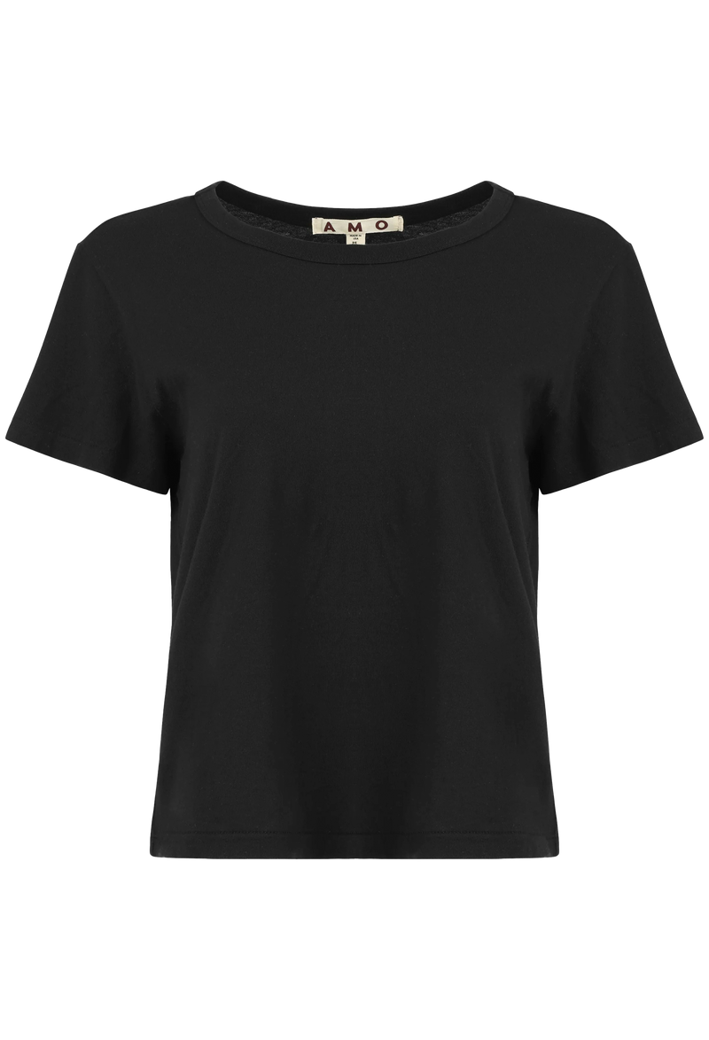 Black t-shirt on a white background.