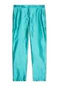 Teal silk trouser set against a checkered background.