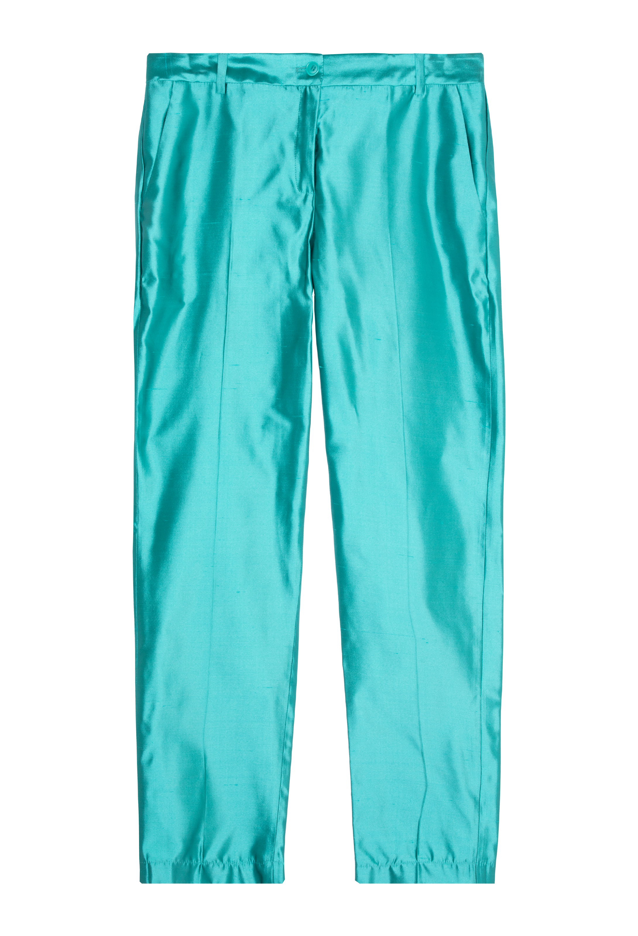Teal silk trouser set against a checkered background.