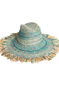 Blue and tan woven wide brim sun hat. Set against a checkered background. 