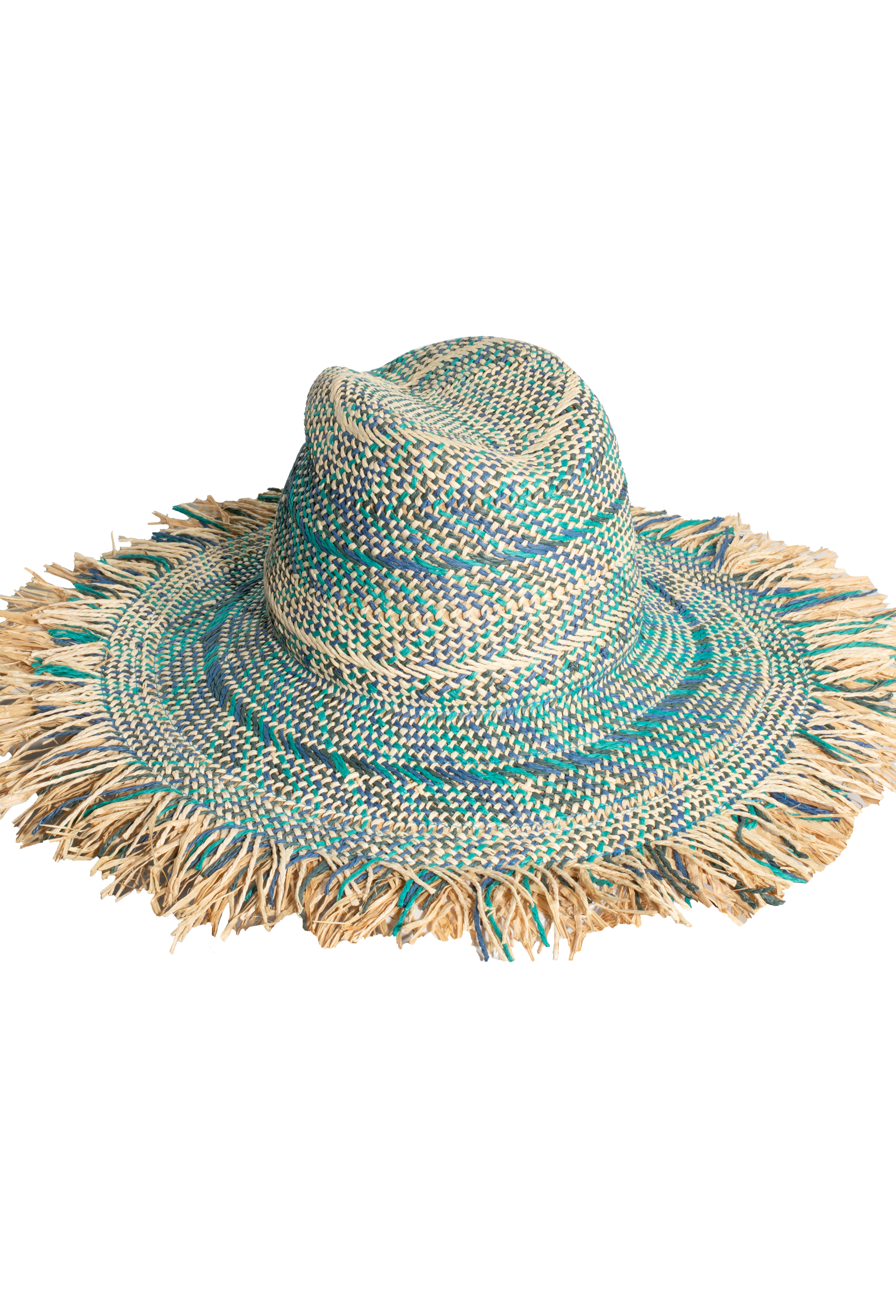 Blue and tan woven wide brim sun hat. Set against a checkered background. 