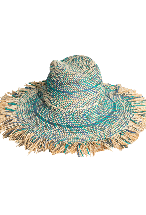 Blue and tan woven wide brim sun hat. Set against a checkered background. 