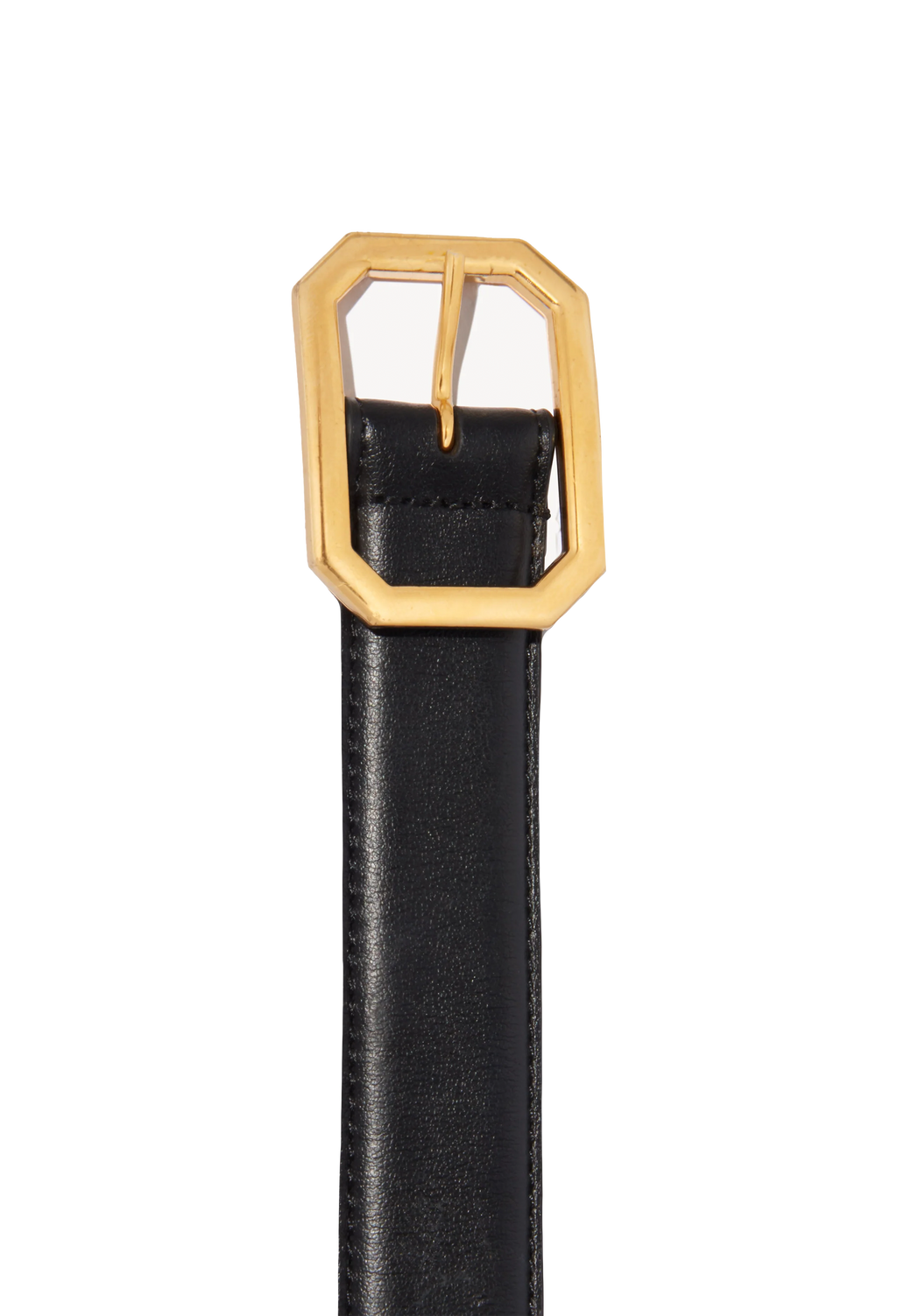 Black Italian calfskin belt with gold octagon buckle.