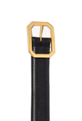 Black Italian calfskin belt with gold octagon buckle.