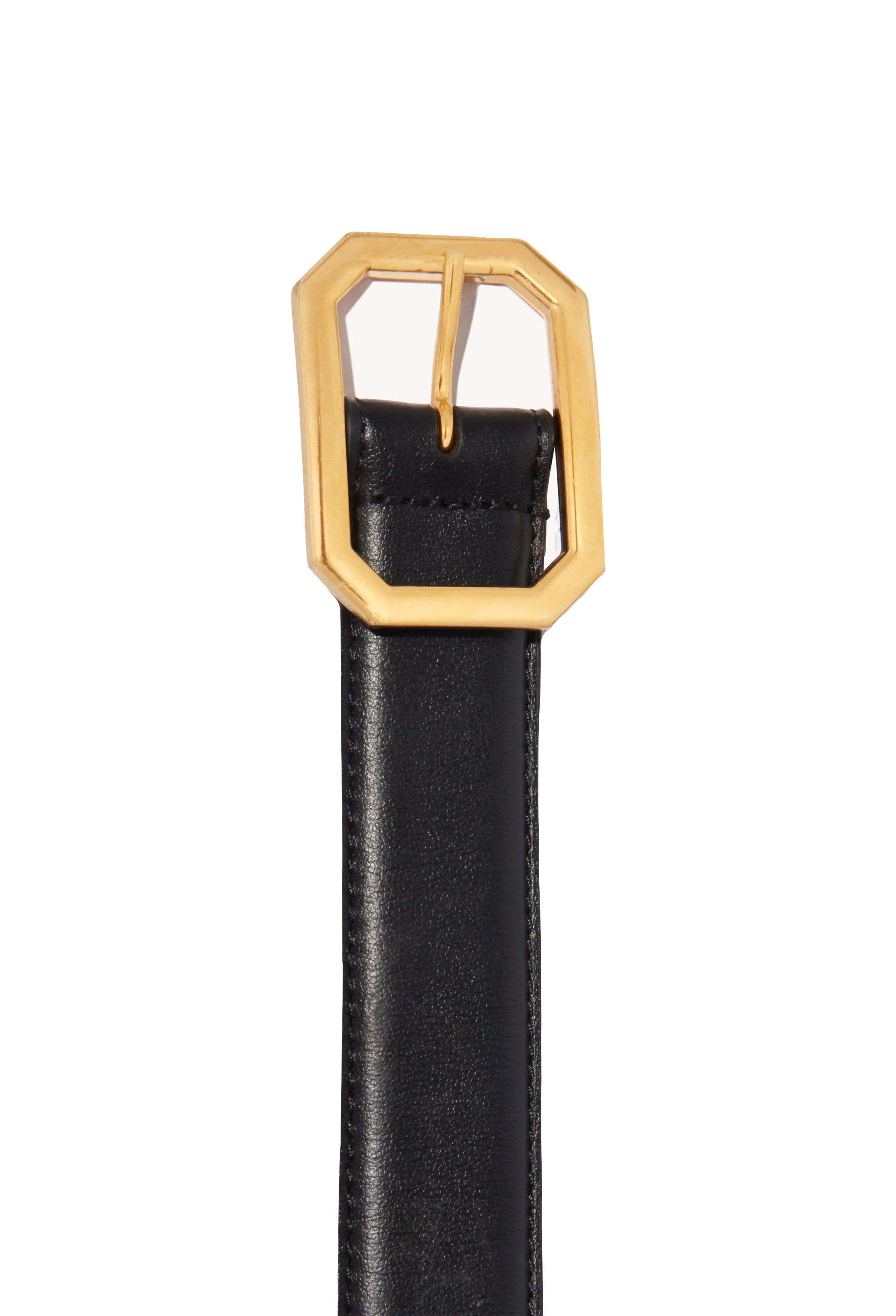 Black Italian calfskin belt with gold octagon buckle.