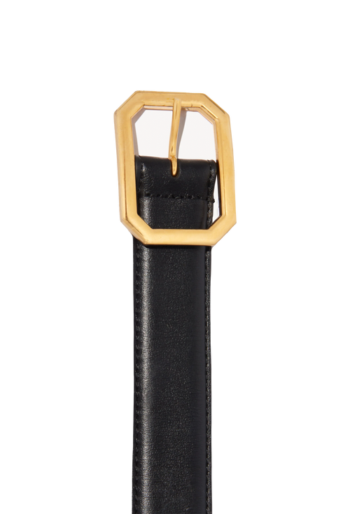 Black Italian calfskin belt with gold octagon buckle.