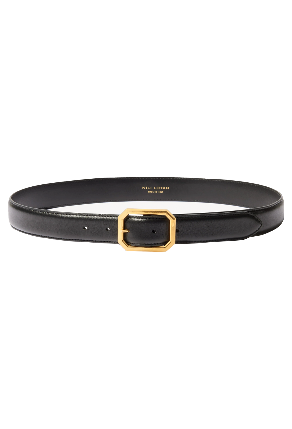 Black Italian calfskin belt with gold octagon buckle set against a transparent background. 