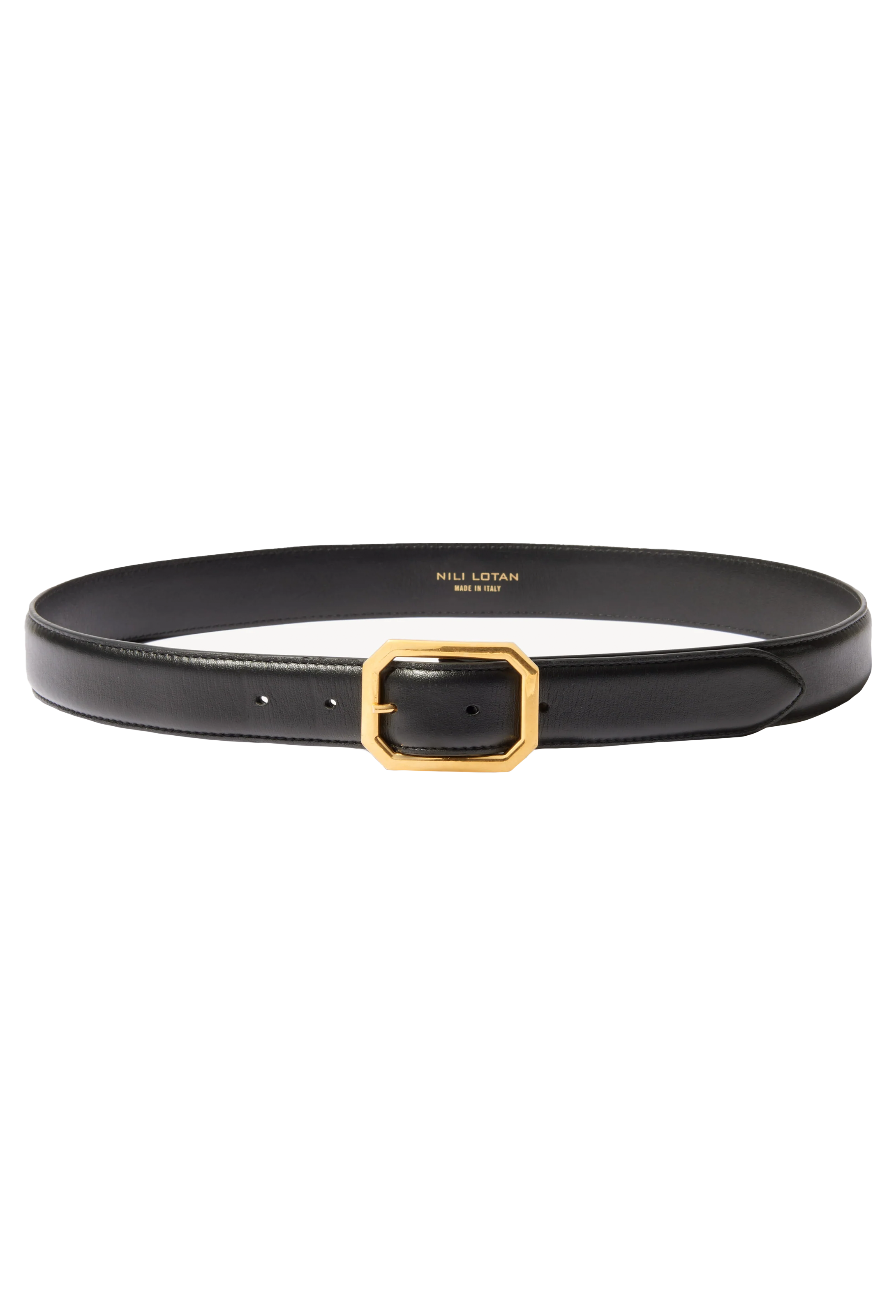 Black Italian calfskin belt with gold octagon buckle set against a transparent background. 