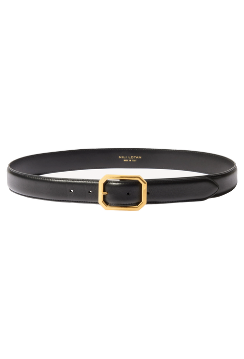 Black Italian calfskin belt with gold octagon buckle set against a transparent background. 