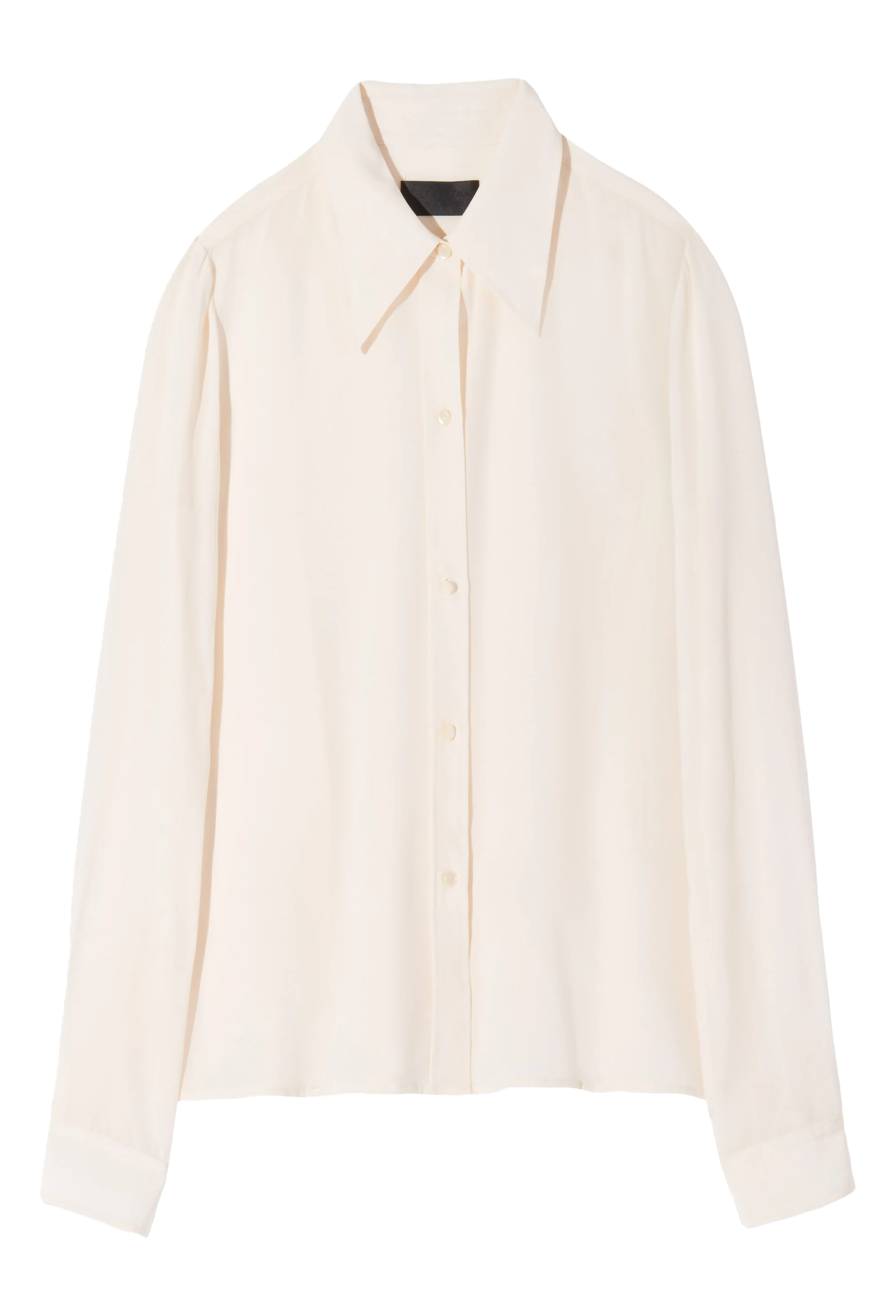 Long sleeve ivory button down blouse with pointed collar. Set against checkered background. 
