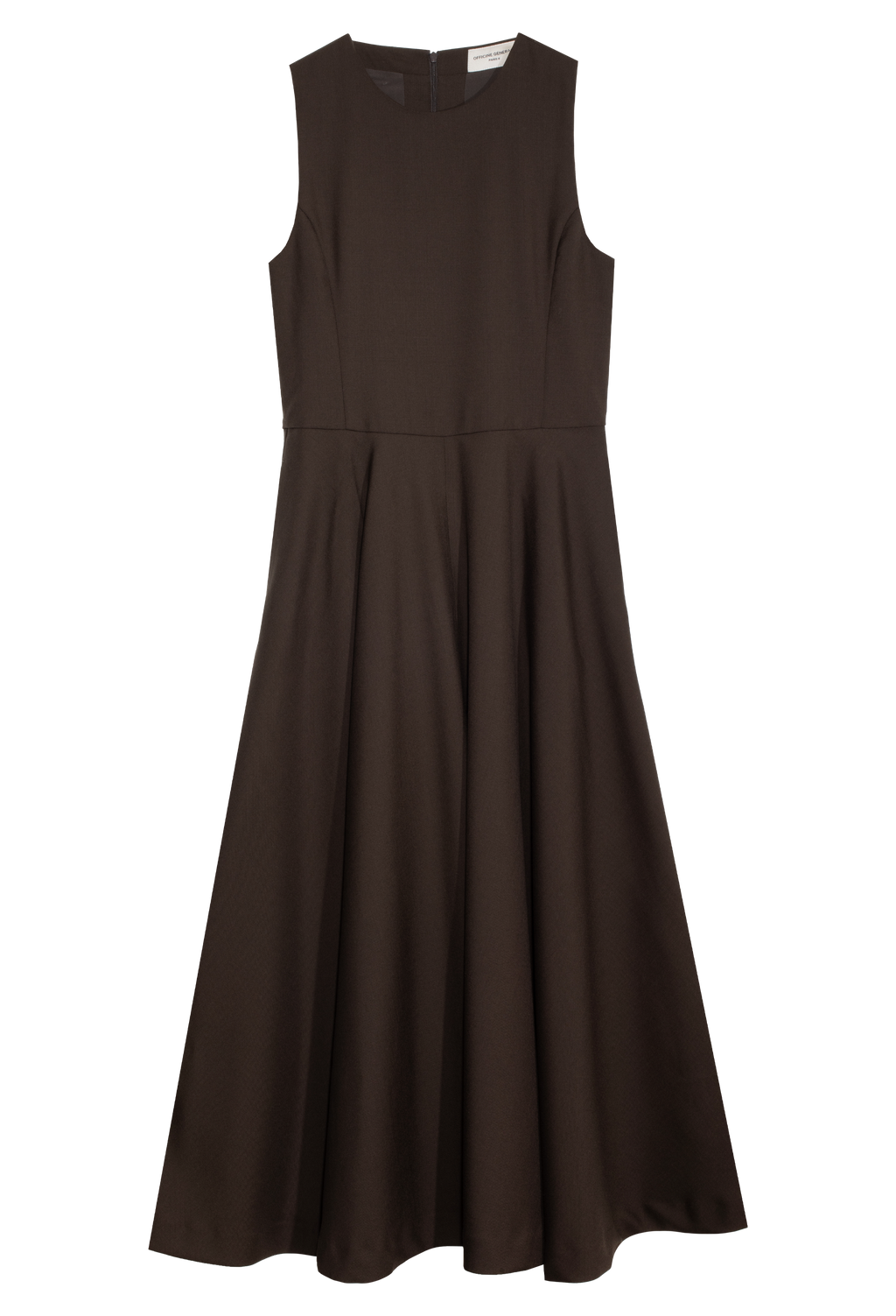 Long sleeveless brown dress set against a checkered background. 