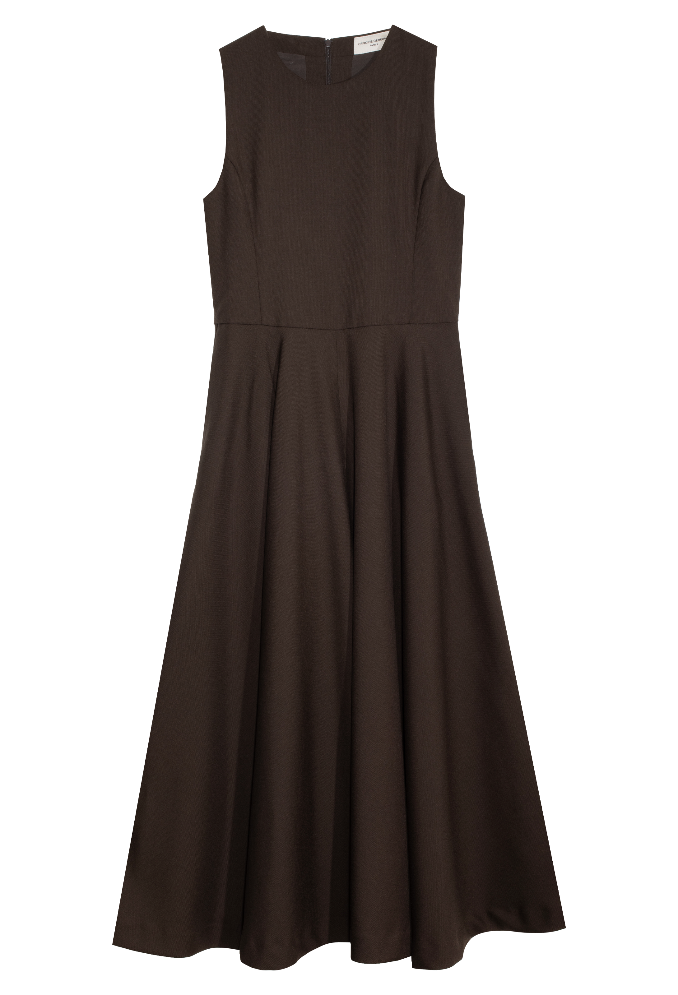 Long sleeveless brown dress set against a checkered background. 