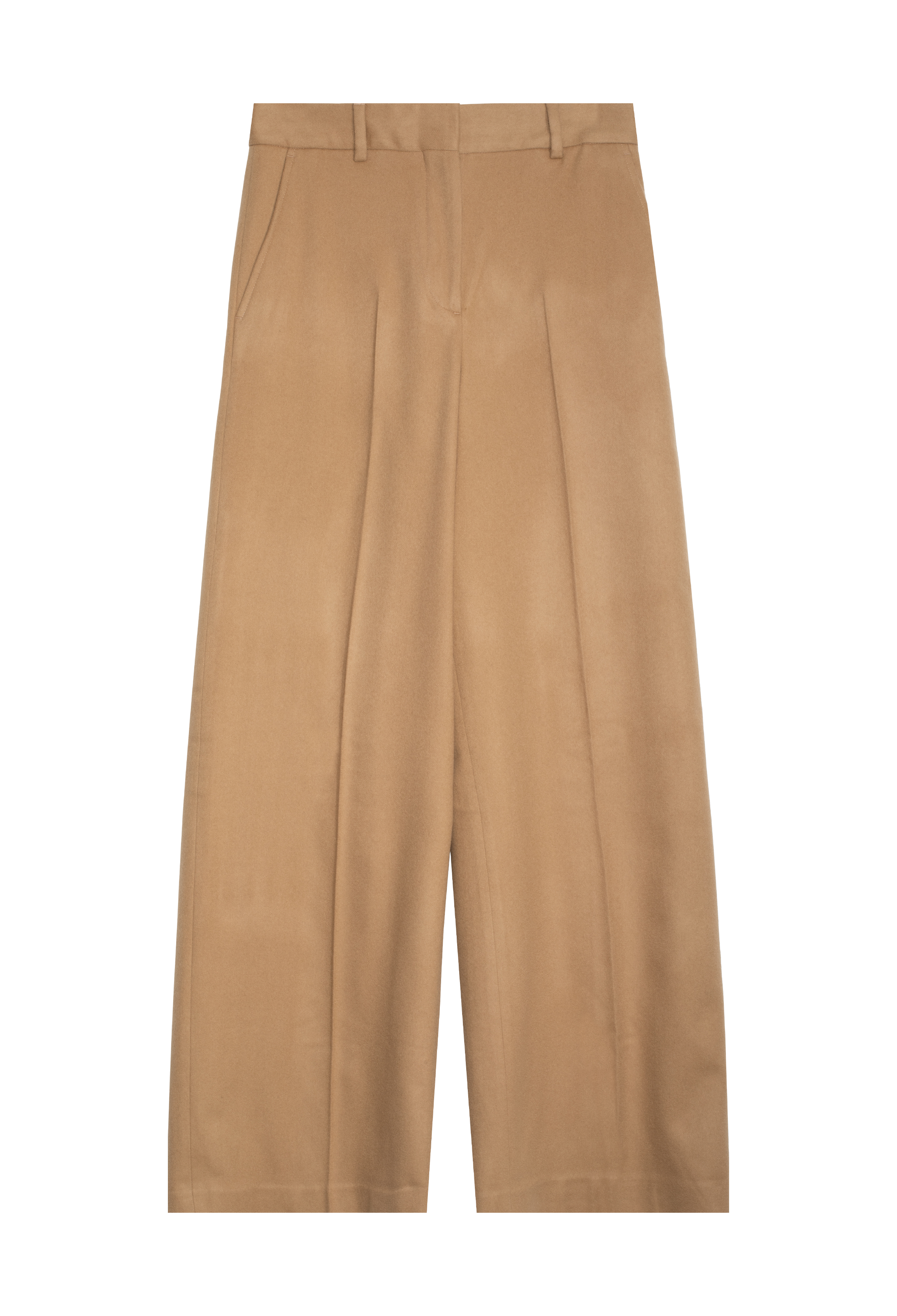 Tan high waisted wool trousers with belt loops. Set against a checkered background. 