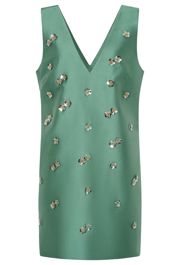 Green Italian silk mini shift dress with 3D sequin flowers set in front of transparent background. 