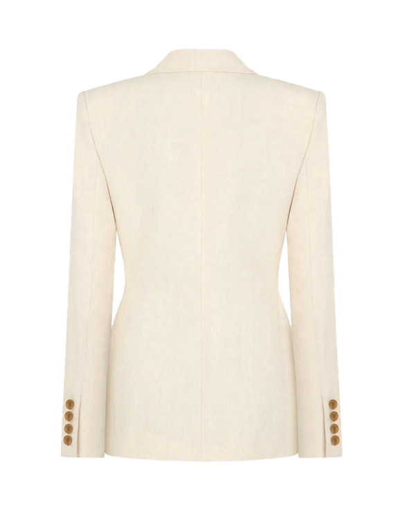 The back of a cream blazer with orange-gold buttons and two semicircle pockets. Transparent background.