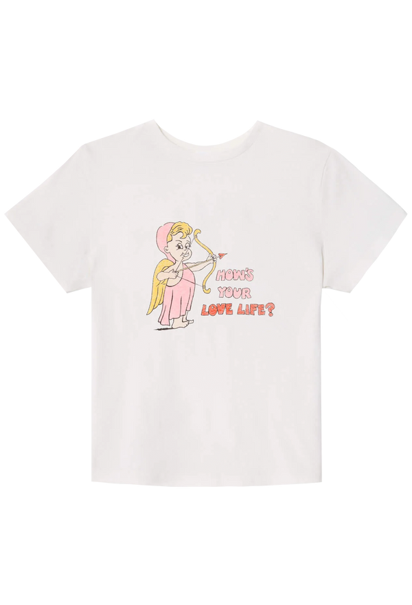 White crewneck t-shirt with a cupid graphic and "HOW'S YOUR LOVE LIFE" in pink and red letters printed set against transparent background. 