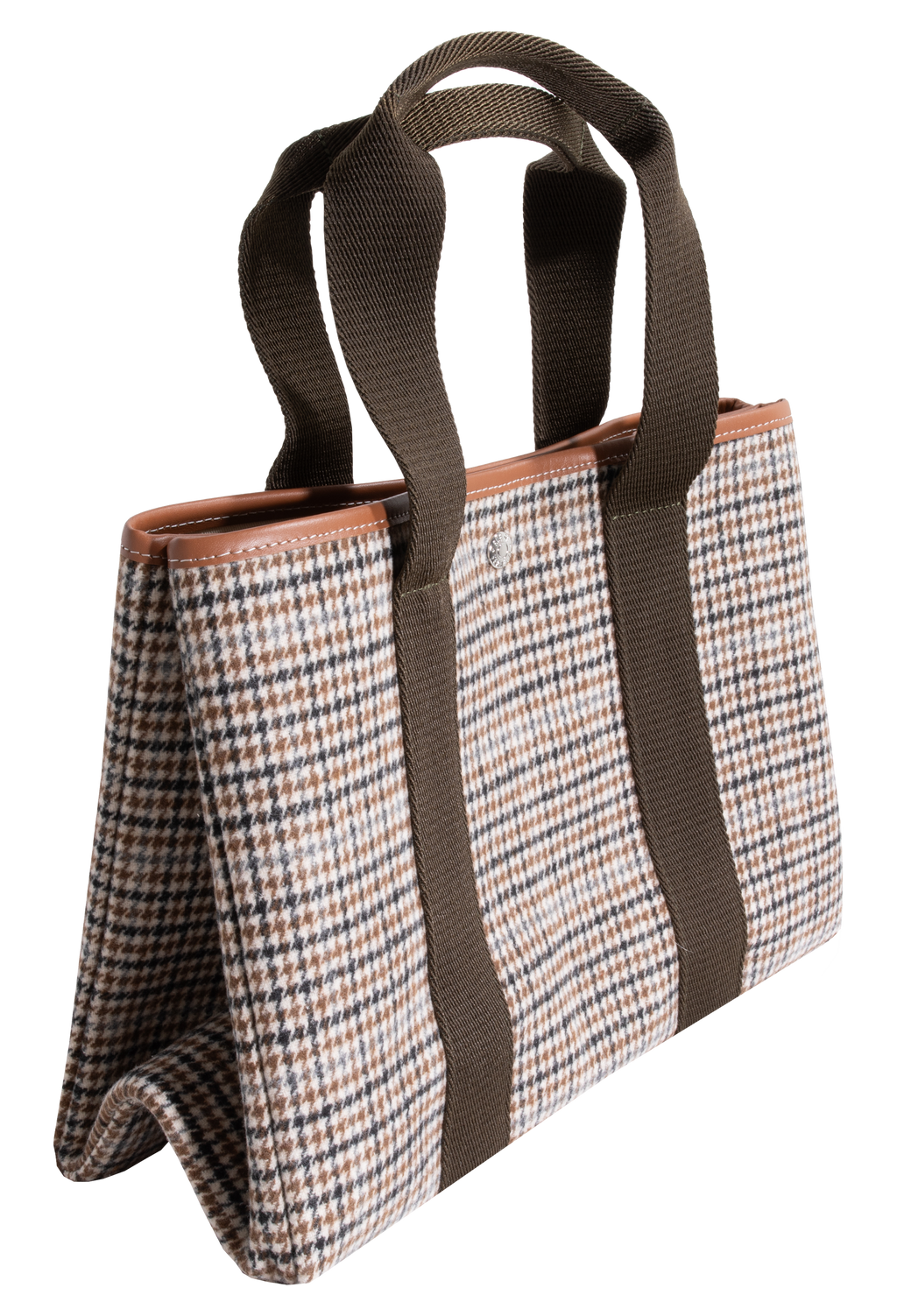 Black, brown, and blue houndstooth tote bag with two brown straps. 