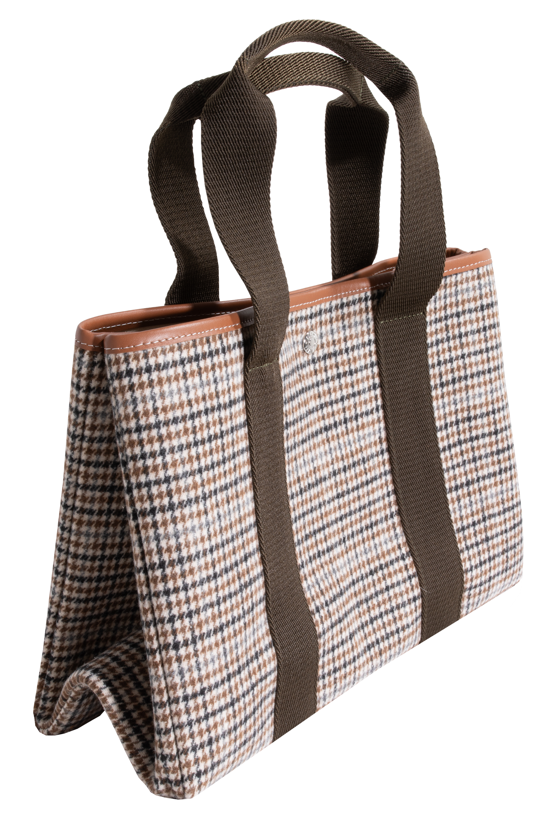 Black, brown, and blue houndstooth tote bag with two brown straps. 