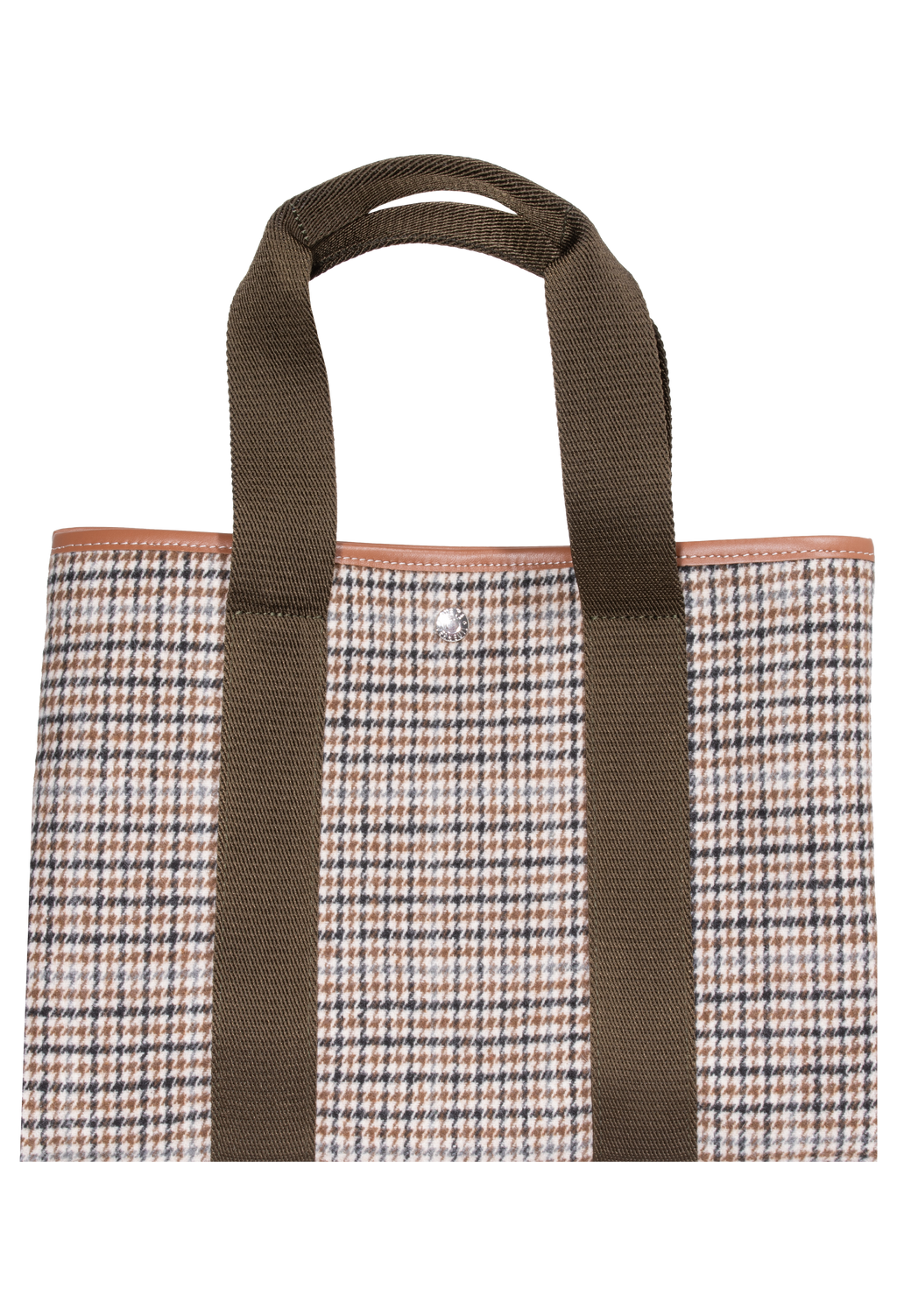 Black, brown, and blue houndstooth tote bag with two brown straps. 