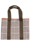 Black, brown, and blue houndstooth tote bag with two brown straps. 