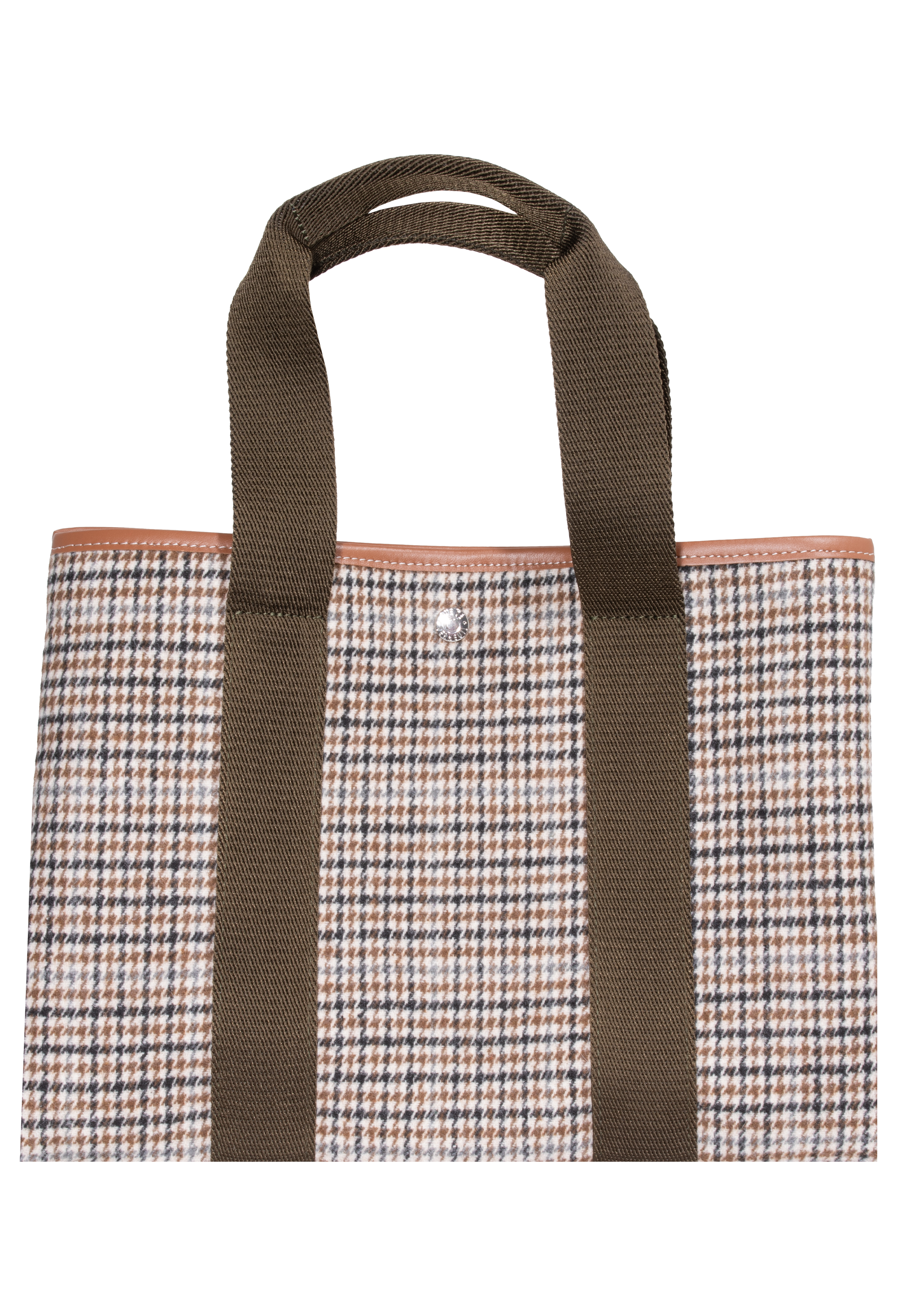 Black, brown, and blue houndstooth tote bag with two brown straps. 