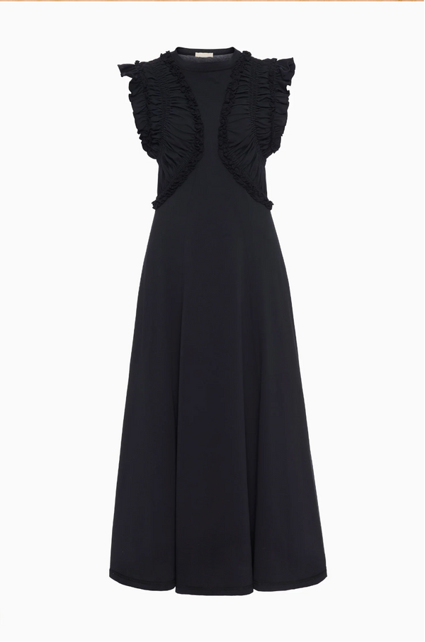 Flatlay of the black dress with ruching on the chest and flutter sleeves taken on a white background. 