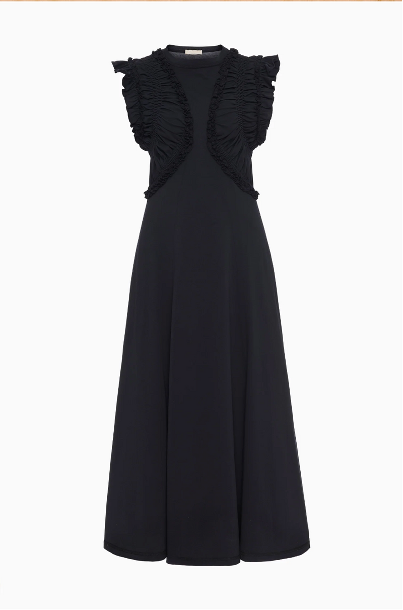 Flatlay of the black dress with ruching on the chest and flutter sleeves taken on a white background. 