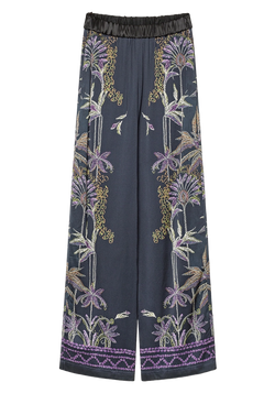 Navy pants with floral pattern on a white background