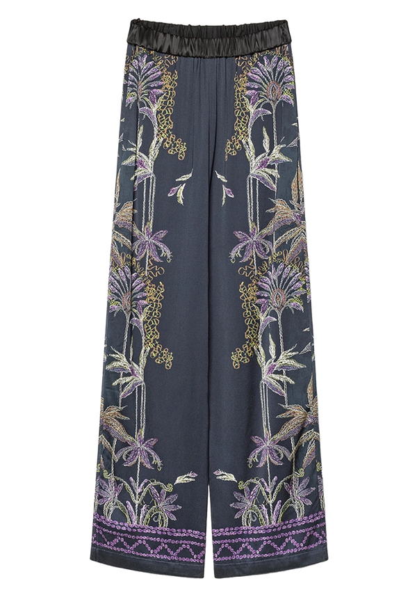 Navy pants with floral pattern on a white background