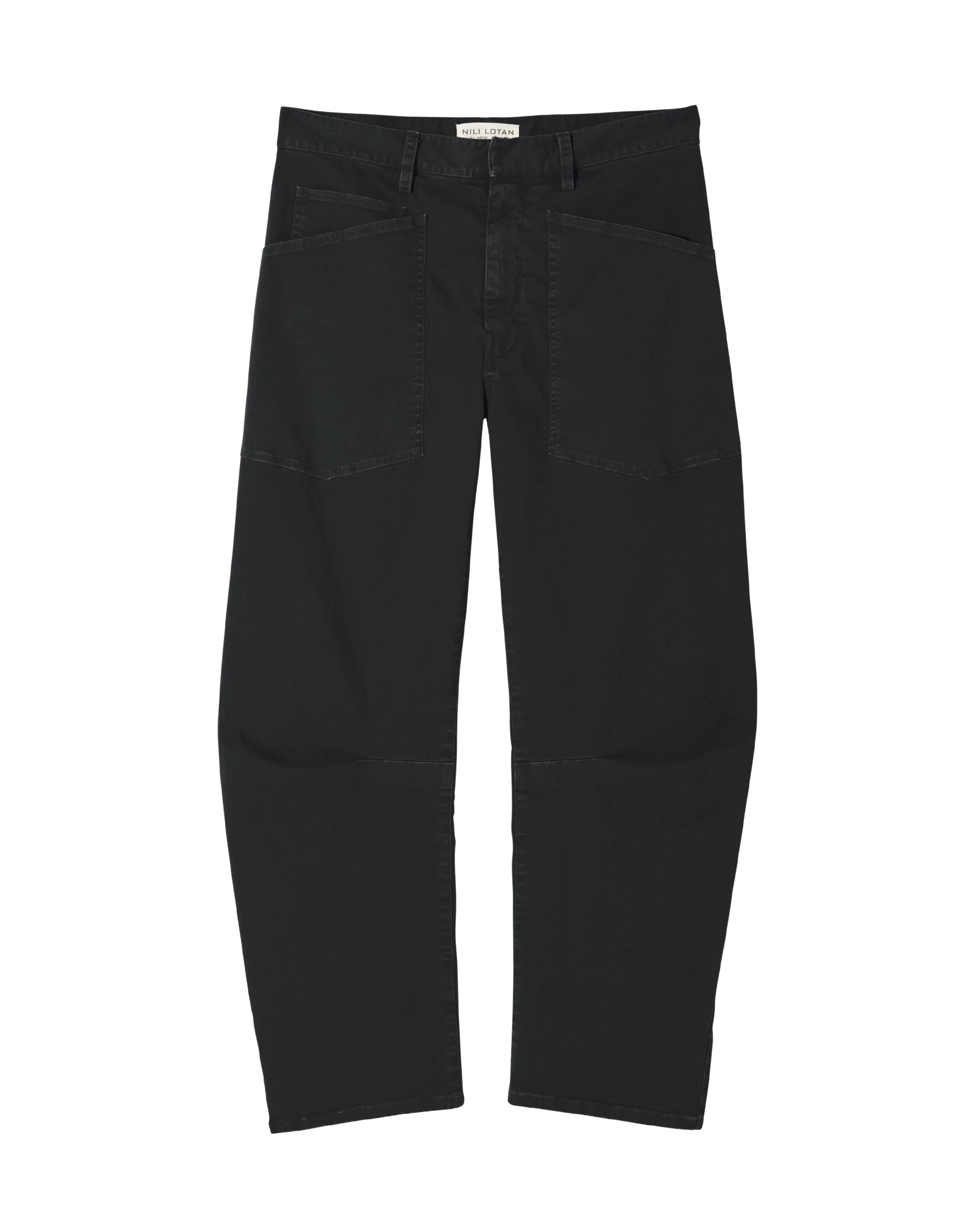 Black wide-leg pants with large front pockets. Set against white background. 