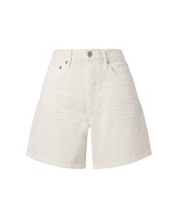 THIS PHOTO FEATURED AN OFF-WHITE 6-INCH JEAN SHORT AS A FLATLAY ON A TRANSPARENT BACKGROUND